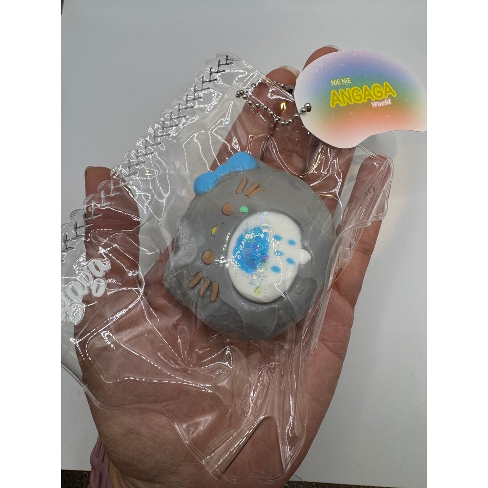 Angaga World Taba Squishy Grey Cat Blue Bow Glitter Kawaii Fidget Toy Keychain